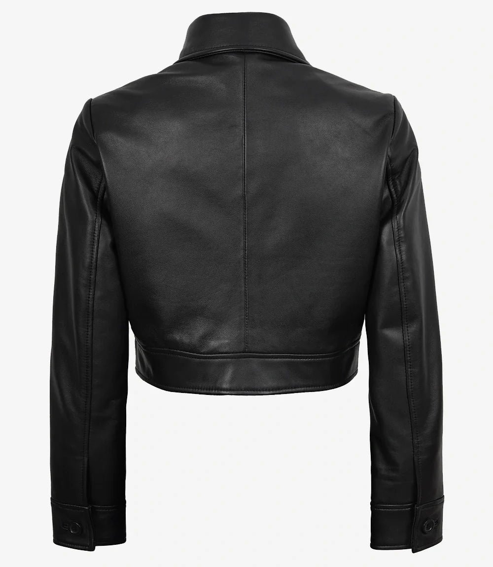 Freddie Women’s Black Cropped Harrington Leather Jacket – Real Lambskin 1
