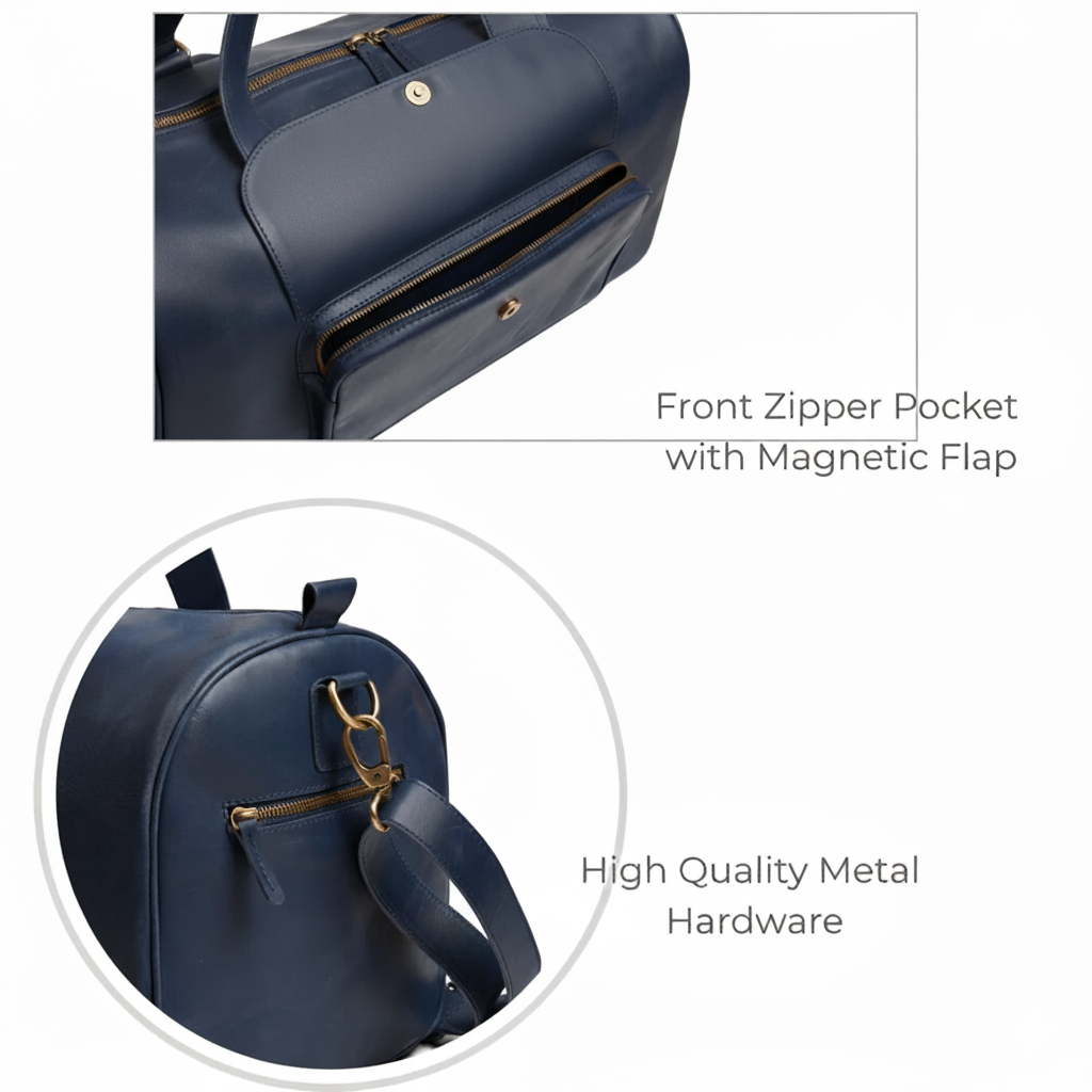 Mirlzar Premium Navy Full-Grain Pull-Up Leather Duffel Bag - Image 4