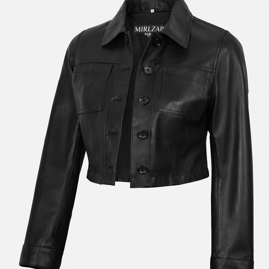 Mirlzar Women’s Black Cropped Harrington Leather Jacket – Button Front Chic Fit