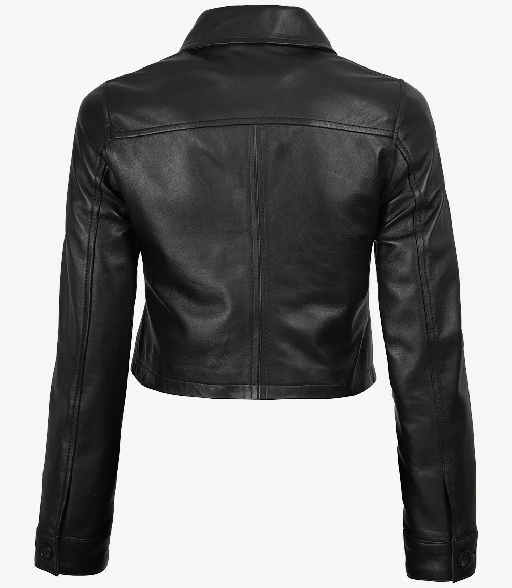 Mirlzar Women’s Black Cropped Harrington Leather Jacket – Button Front Chic Fit 1