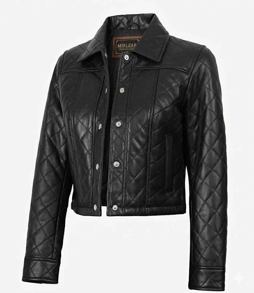 Mirlzar Women’s Black Quilted Cropped Leather Jacket
