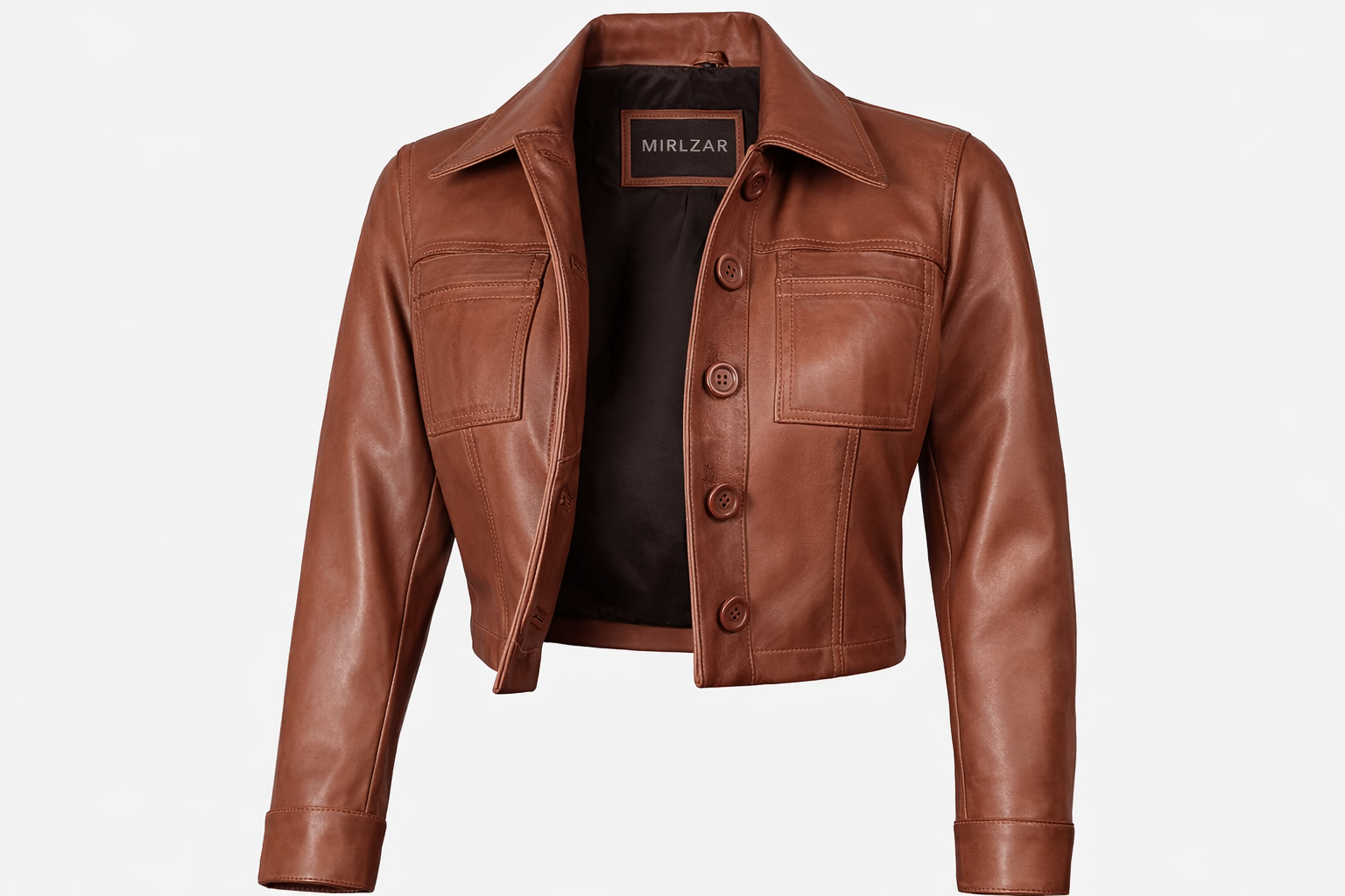 Mirlzar Women’s Cognac Brown Cropped Harrington Leather Jacket – Button Front Chic Fit