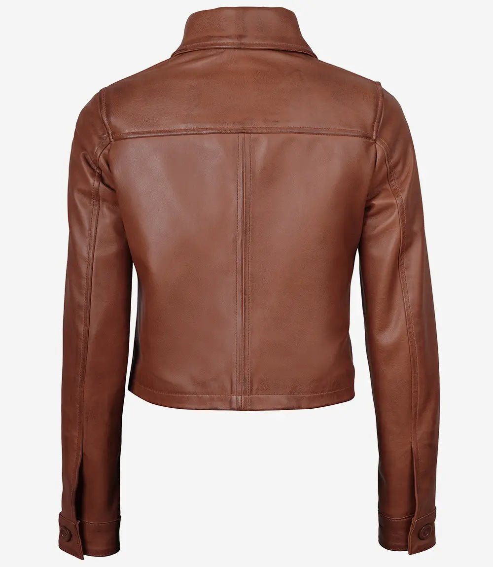 Mirlzar Women’s Cognac Brown Cropped Harrington Leather Jacket – Button Front Chic Fit 1