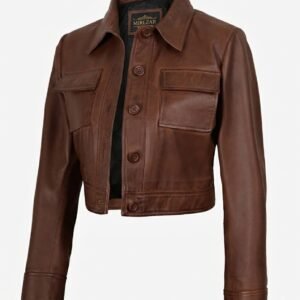 Mirlzar Women’s Cognac Brown Cropped Shirt Collar Leather Jacket