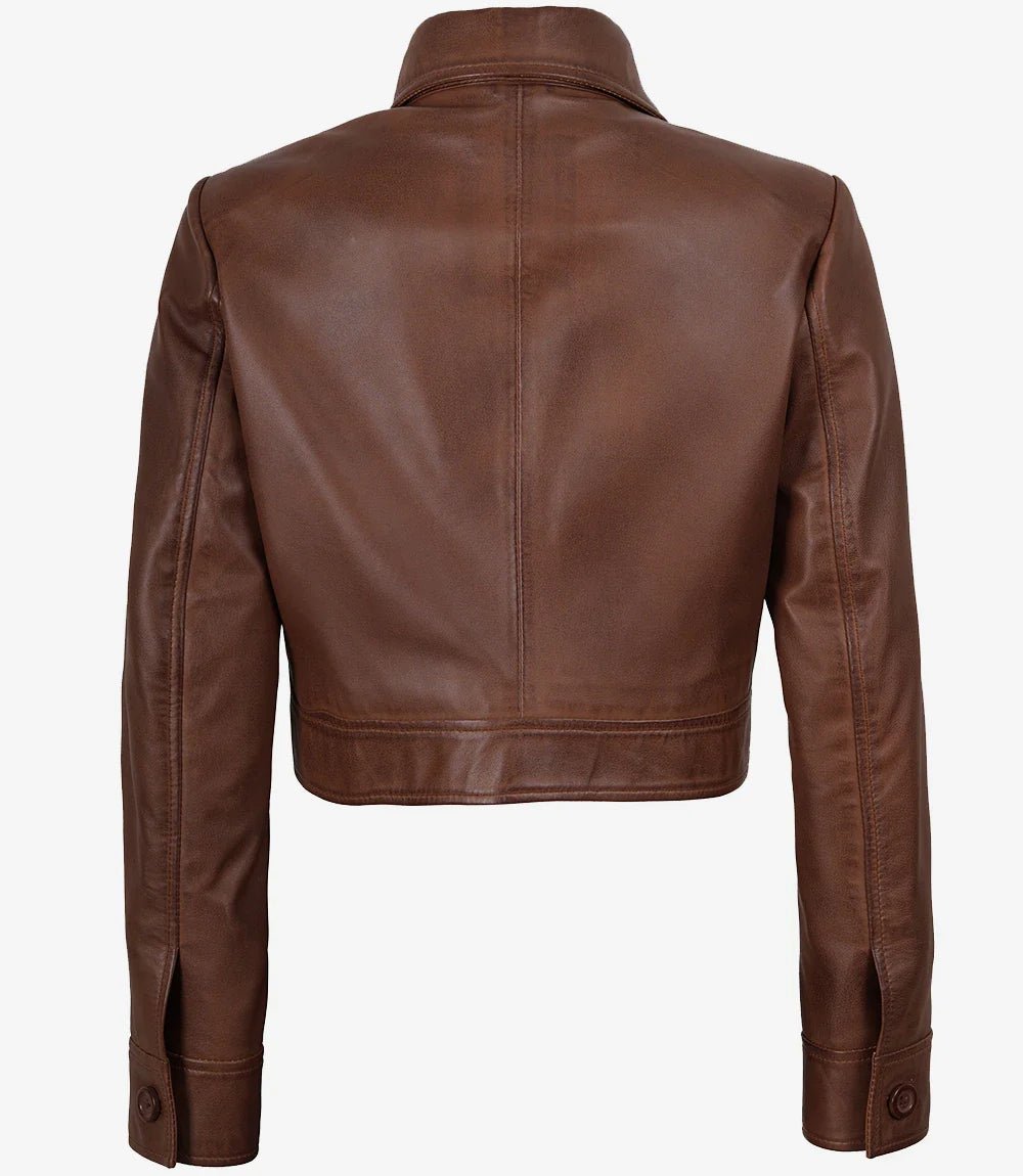 Mirlzar Women’s Cognac Brown Cropped Shirt Collar Leather Jacket 1