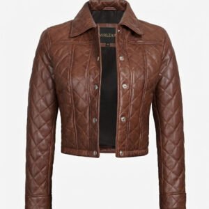 Mirlzar Women’s Cognac Brown Quilted Cropped Leather Jacket

