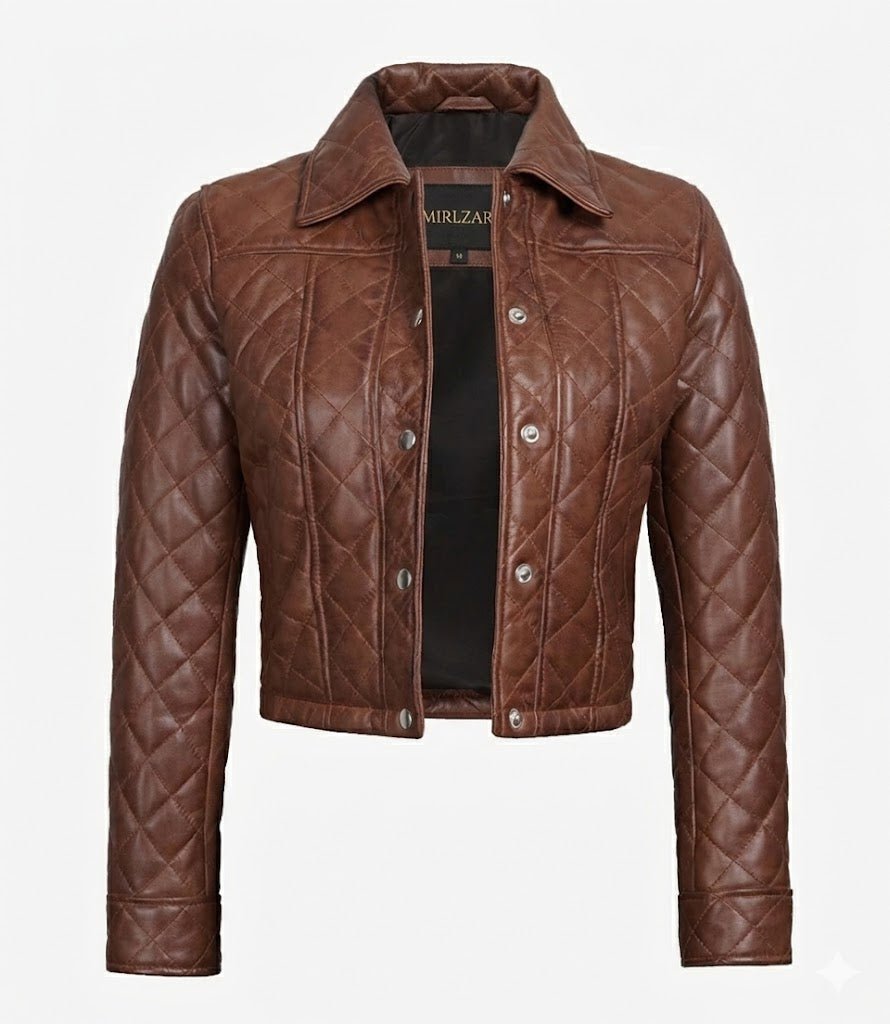 Mirlzar Women’s Cognac Brown Quilted Cropped Leather Jacket