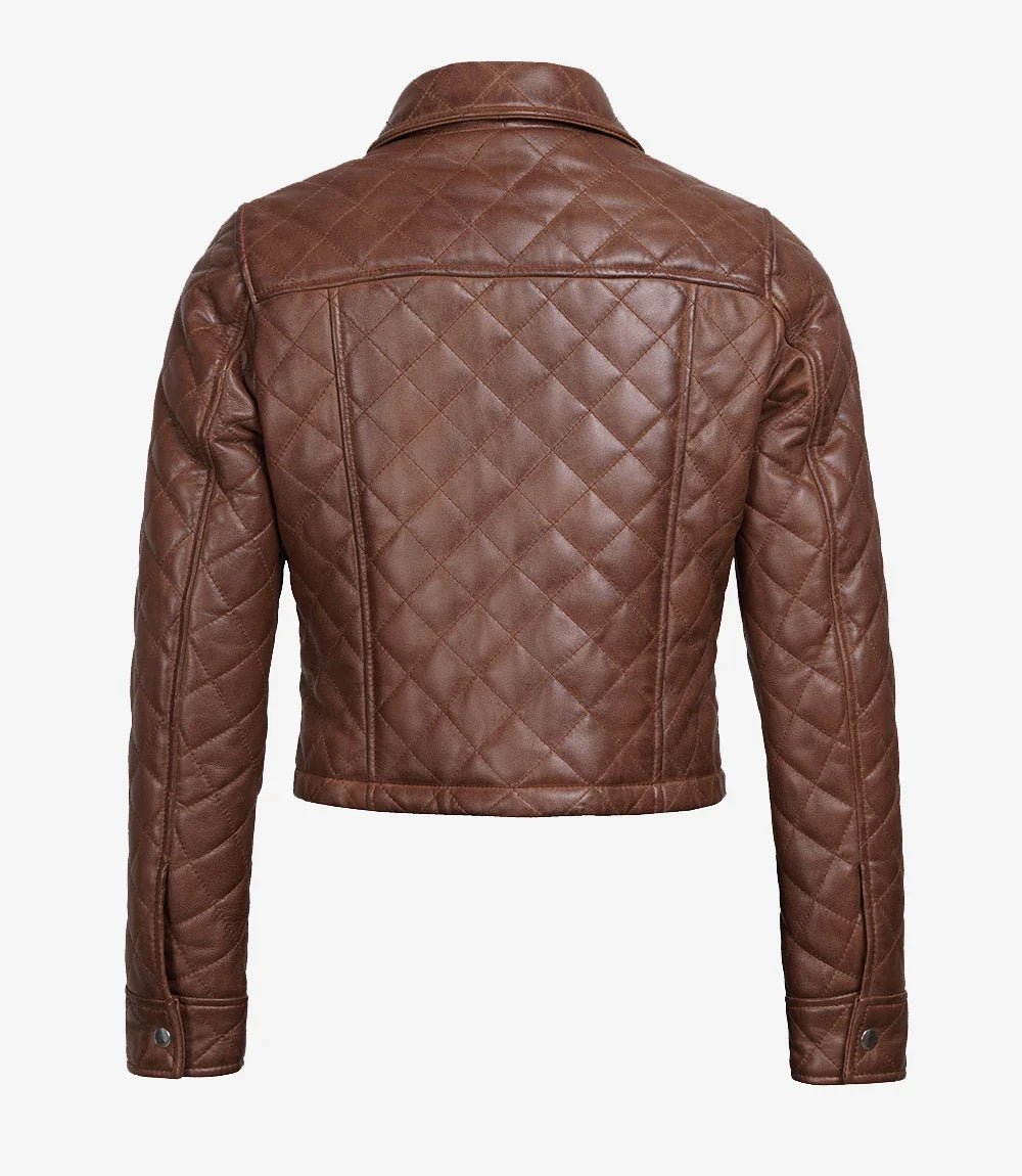 Mirlzar Women’s Cognac Brown Quilted Cropped Leather Jacket 1