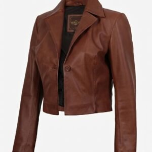Mirlzar Women’s Cognac Brown Single Button Cropped Leather Jacket