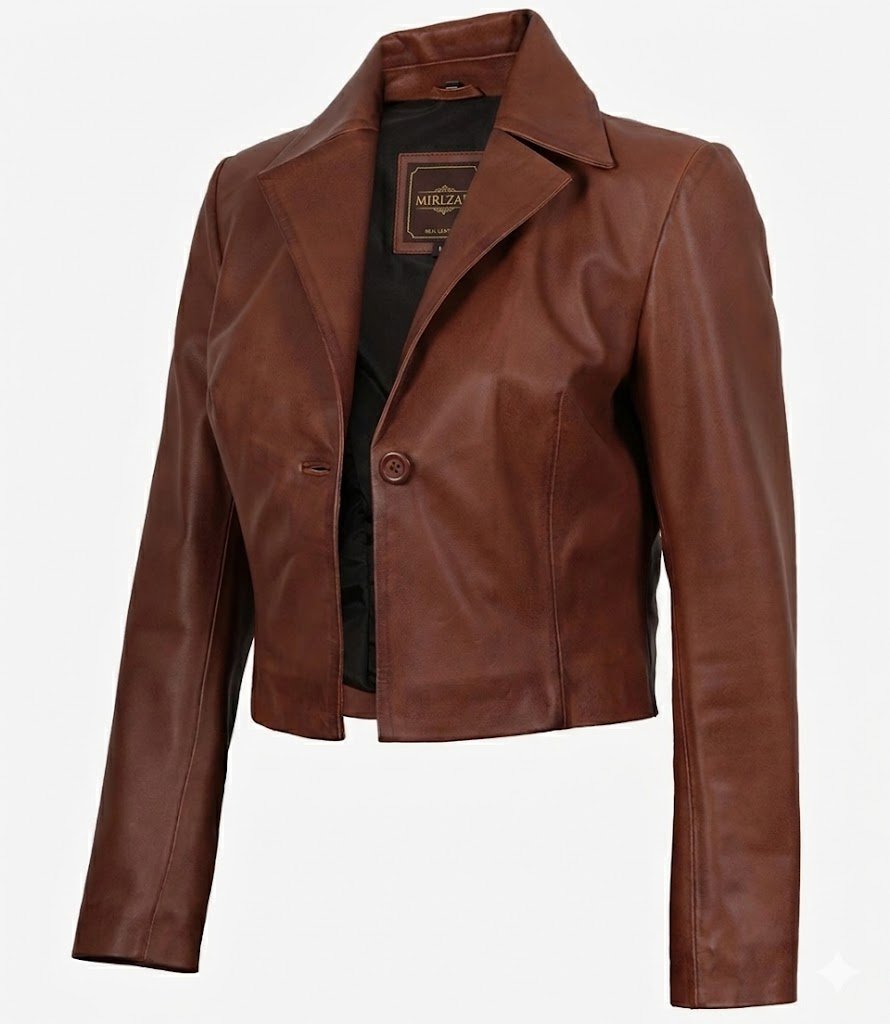 Mirlzar Women’s Cognac Brown Single Button Cropped Leather Jacket