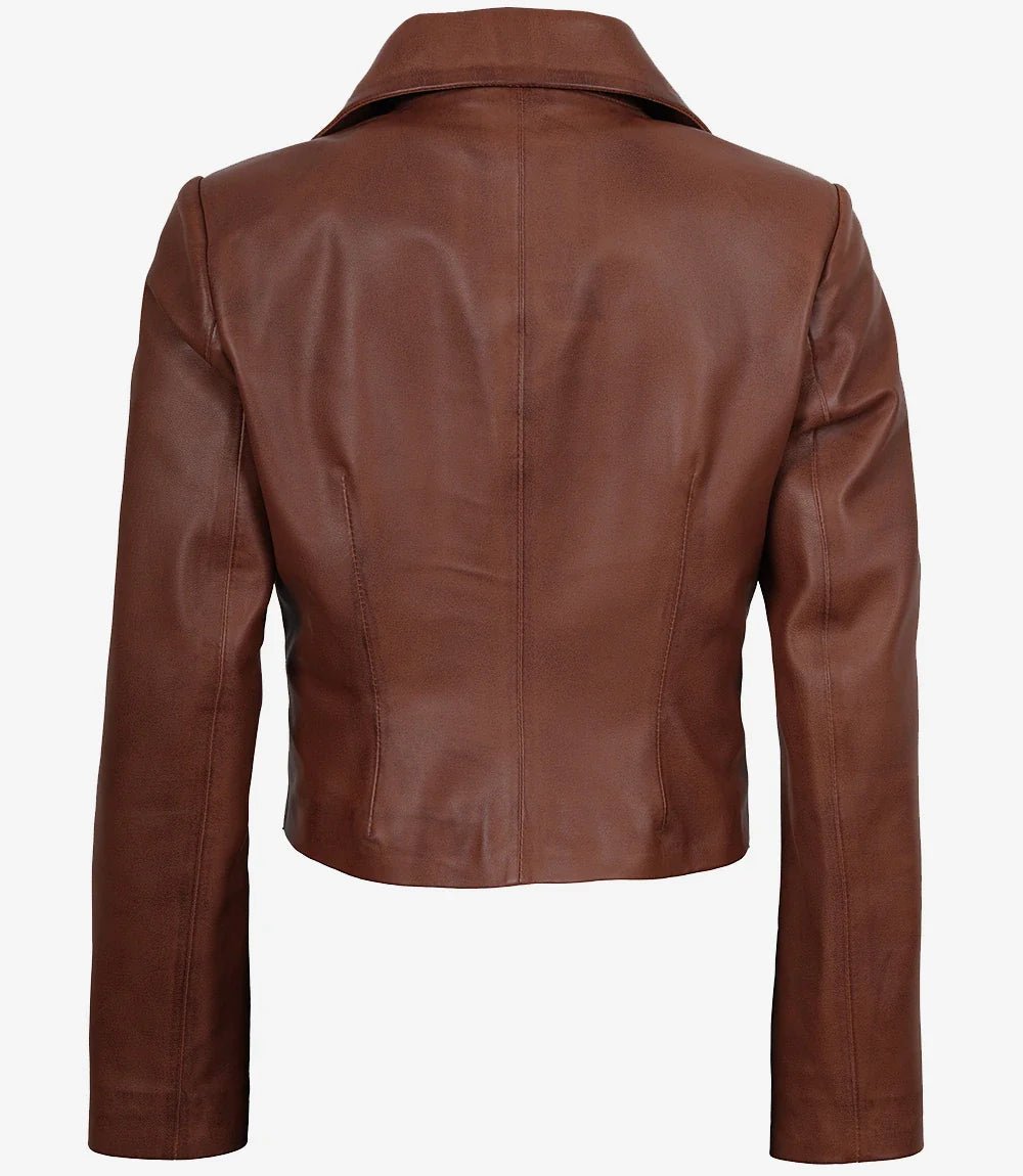 Mirlzar Women’s Cognac Brown Single Button Cropped Leather Jacket 1