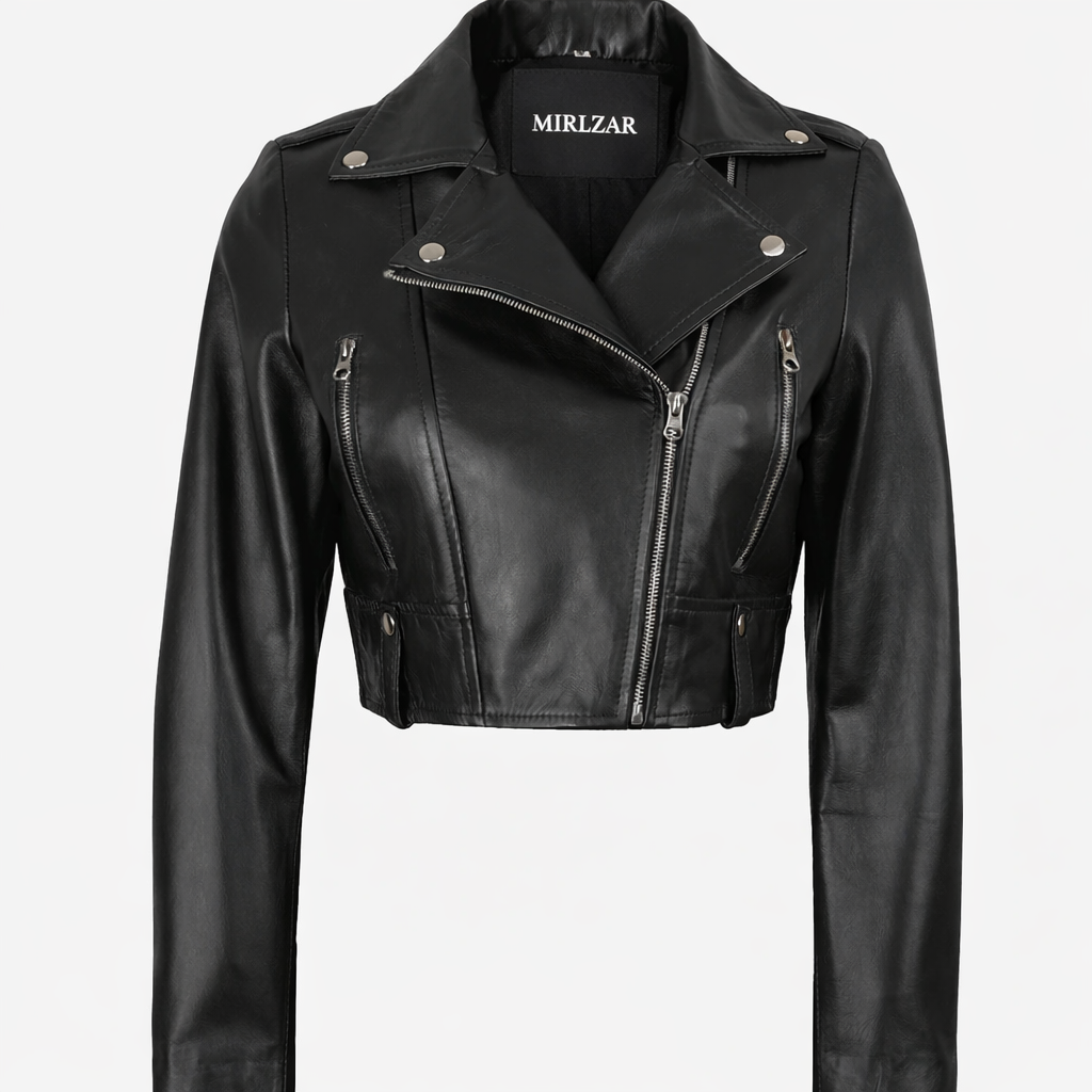 Mirlzar Women’s Cropped Black Lambskin Leather Biker Jacket – Slim Moto Fit