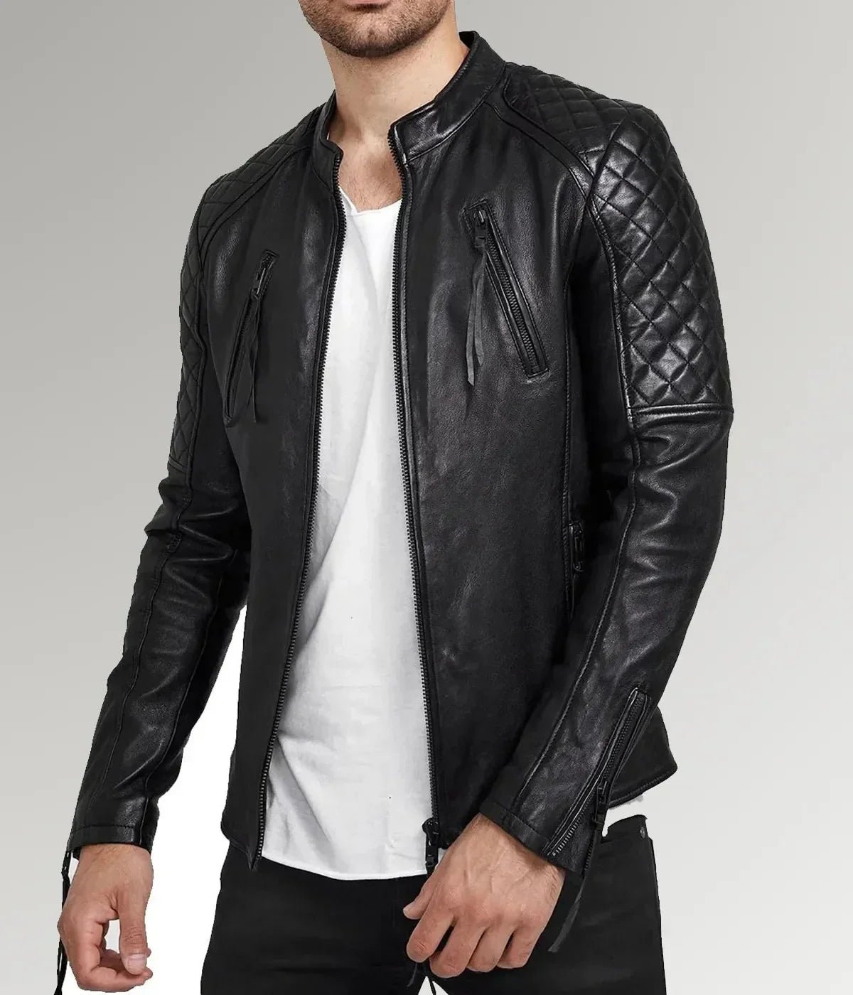 Mirlzar | Men's Diamond Quilted Black Leather Biker Jacket