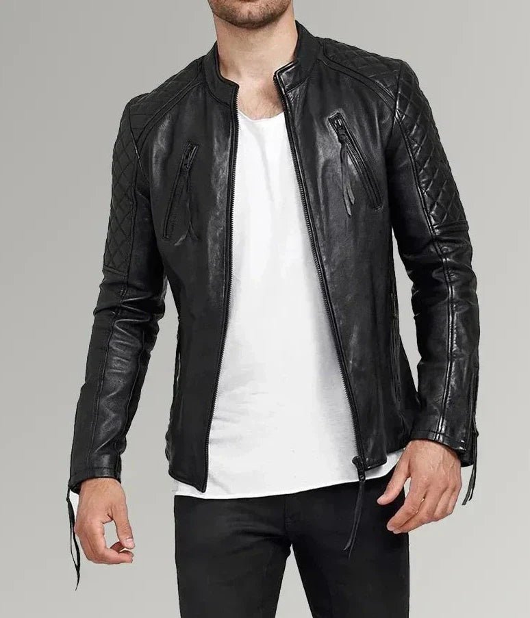 Mirlzar | Men's Diamond Quilted Black Leather Biker Jacket - Image 3