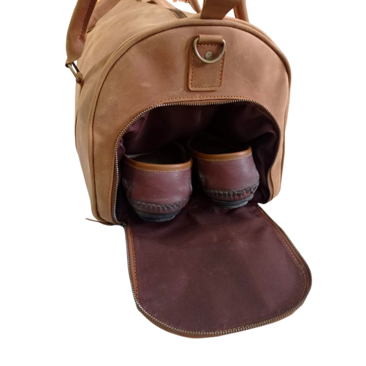 Tan Full-Grain Leather Duffel Bag with Shoe Compartment – Mirlzar 5