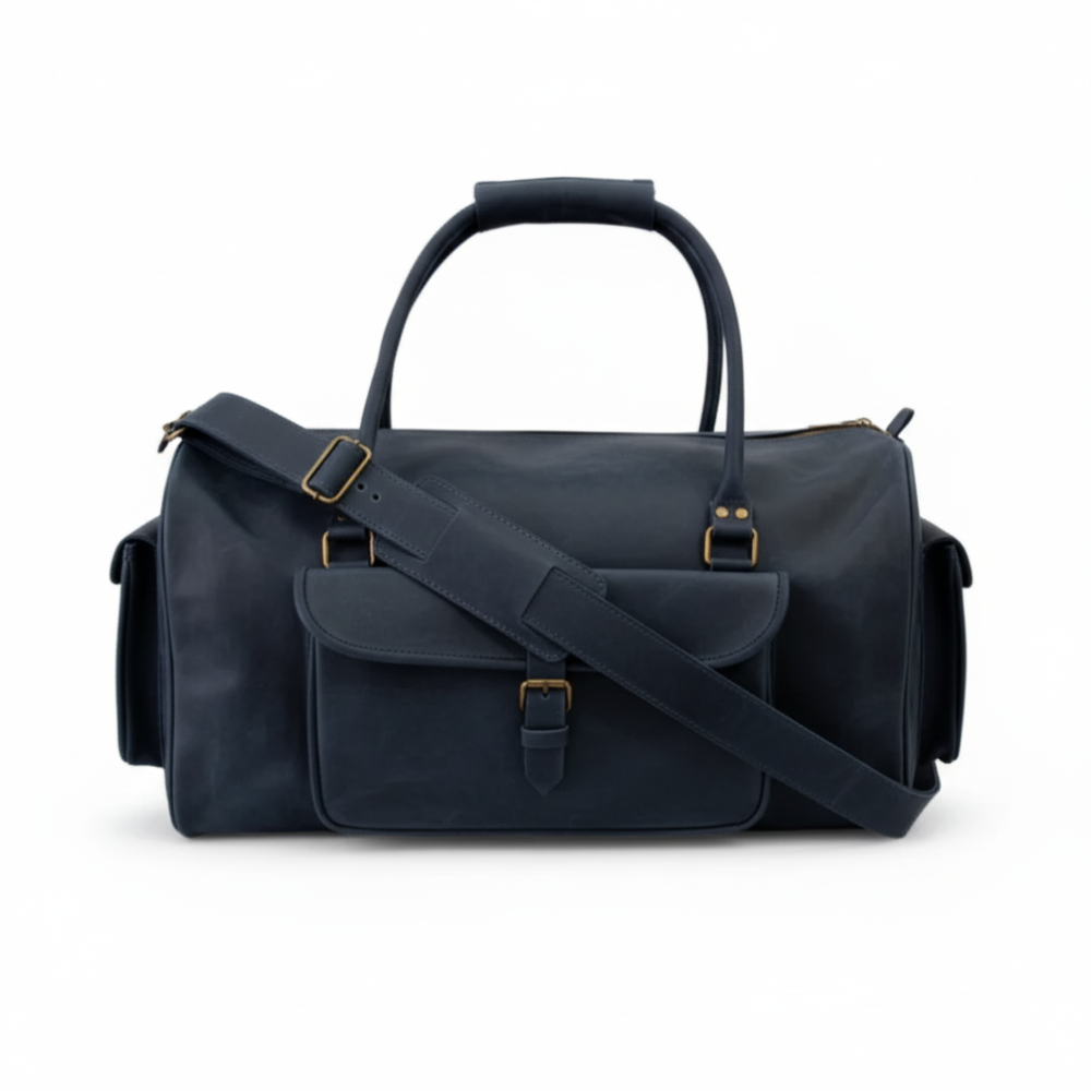 Navy Full-Grain Leather Duffel Bag – Premium Men’s Travel & Gym Holdall | Mirlzar