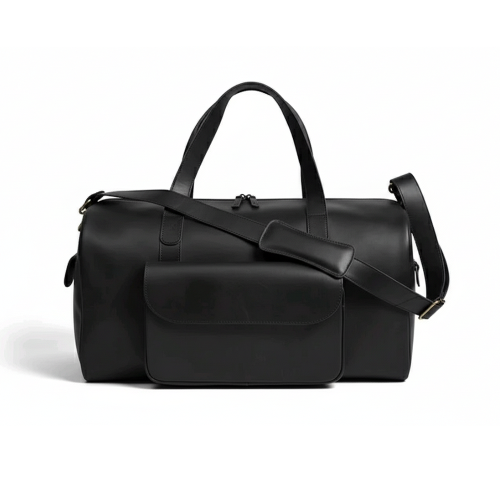 Mirlzar Premium Black Full-Grain Pull-Up Leather Duffel Bag