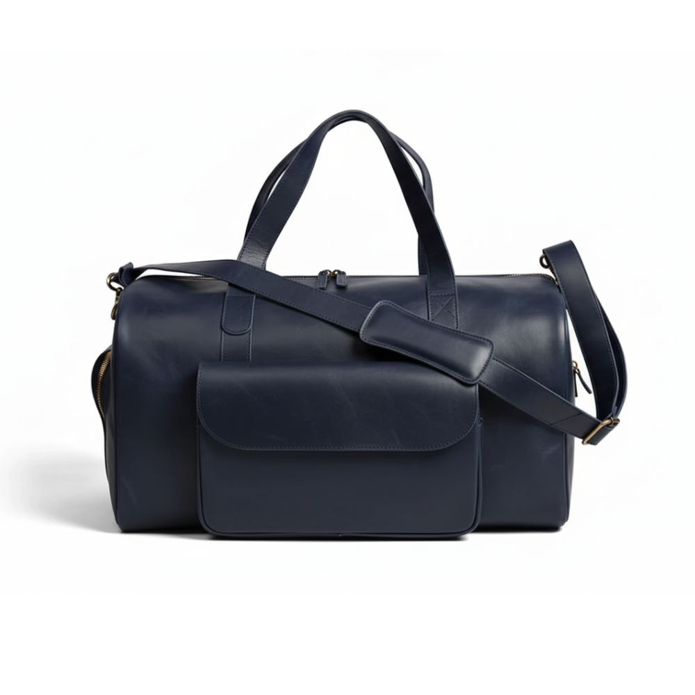 Mirlzar Premium Navy Full-Grain Pull-Up Leather Duffel Bag