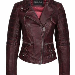 Women’s Wine Leather Slim Fit Jacket with Buckle Detail