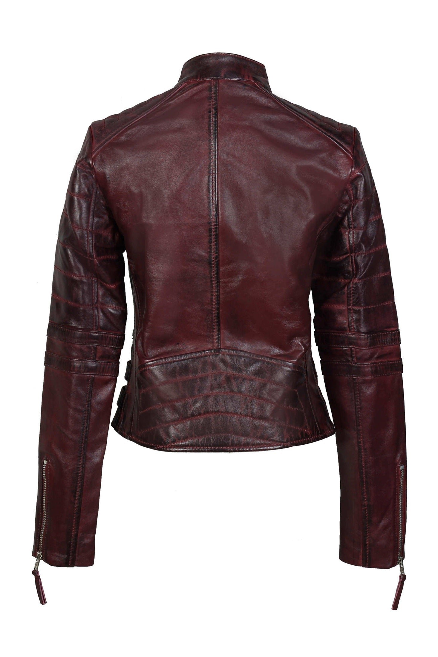 Women’s Wine Leather Slim Fit Jacket with Buckle Detail back