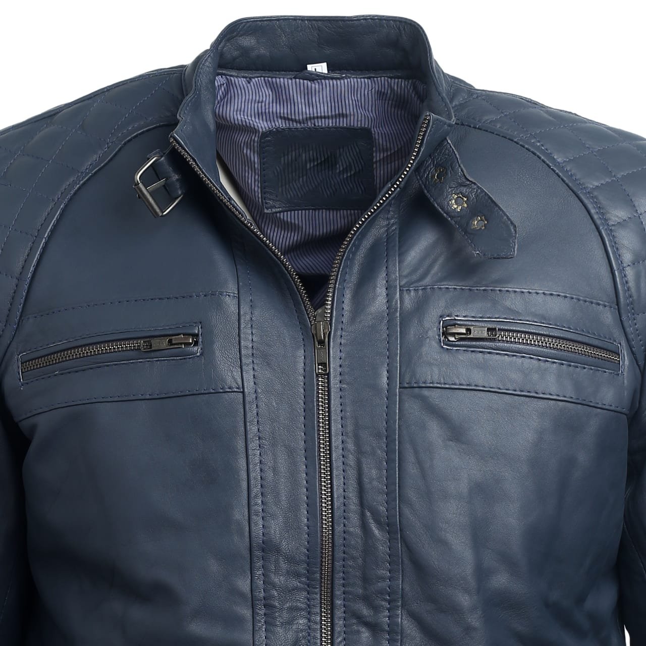 Men Blue Leather Jacket - Image 2