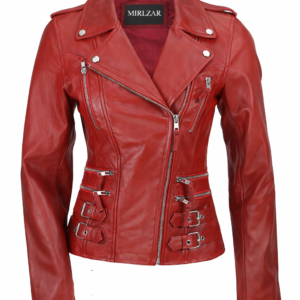 Women’s Buckle Detail Leather Biker Jacket