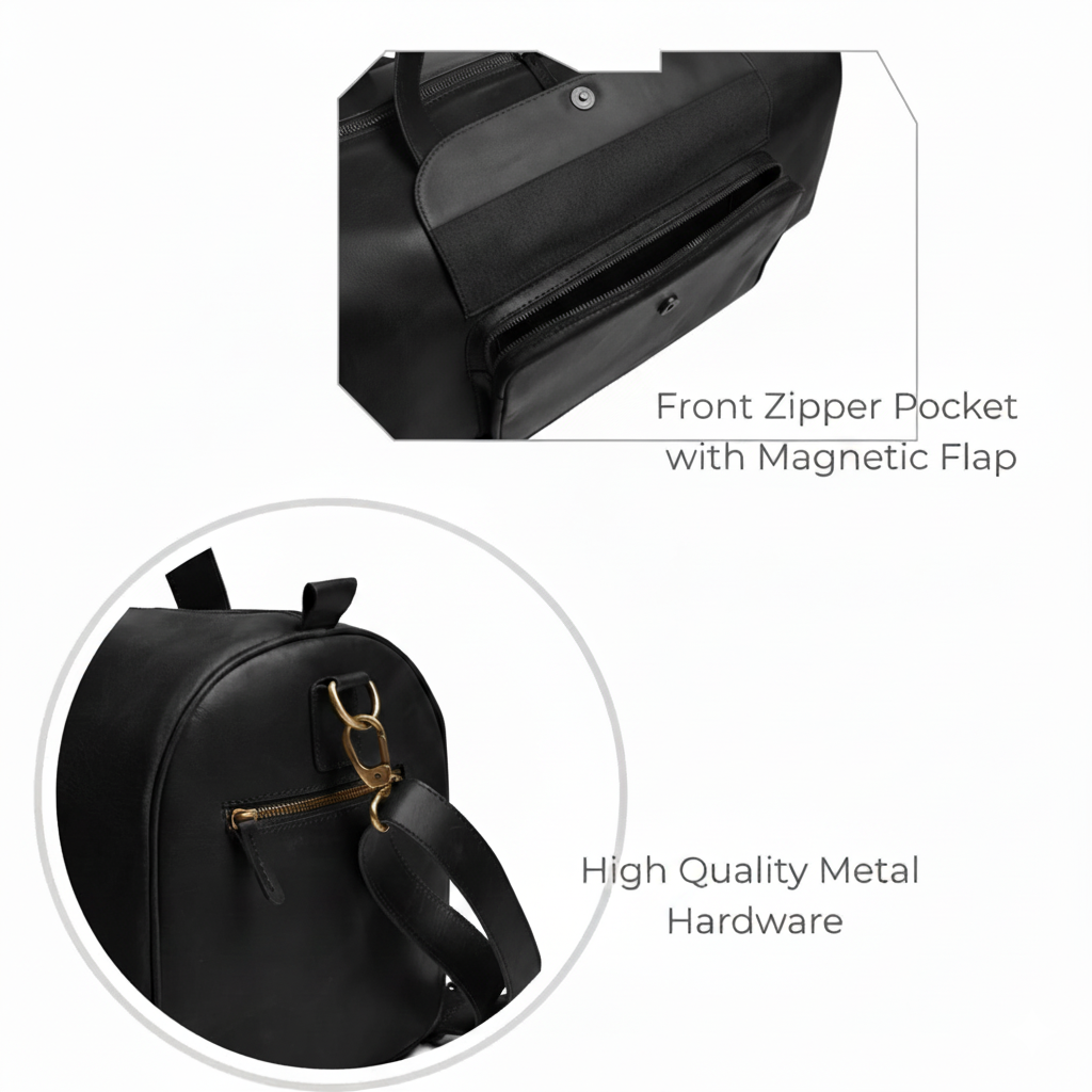 Mirlzar Premium Black Full-Grain Pull-Up Leather Duffel Bag - Image 6
